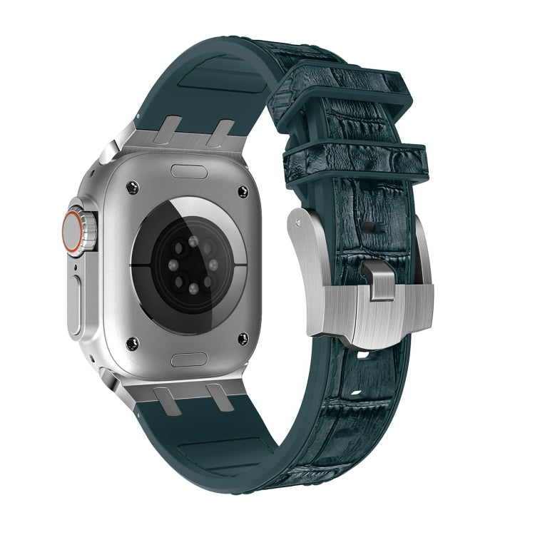 For Apple Watch Series 8 41mm Crocodile Texture Liquid Silicone Watch Band(Silver Deep Green) - Watch Bands by PMC TechLife | Online Shopping South Africa | PMC TechLife