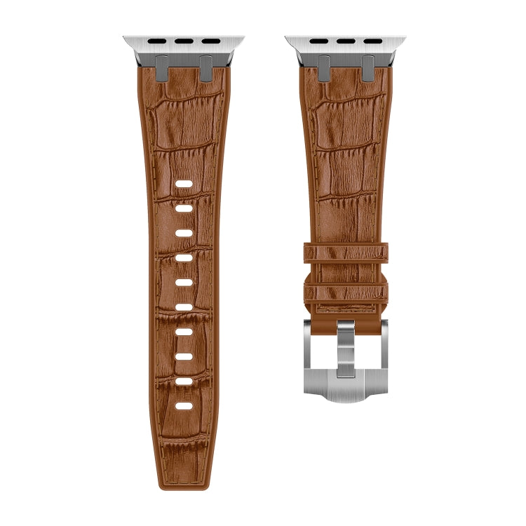 For Apple Watch Series 8 45mm Crocodile Texture Liquid Silicone Watch Band(Silver Yellow Brown) - Watch Bands by PMC Jewellery | Online Shopping South Africa | PMC Jewellery