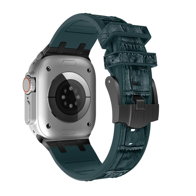 For Apple Watch Series 7 45mm Crocodile Texture Liquid Silicone Watch Band(Black Deep Green) - Watch Bands by PMC TechLife | Online Shopping South Africa | PMC TechLife