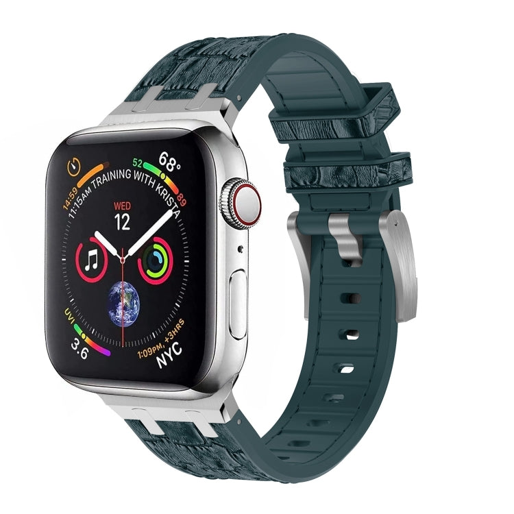 For Apple Watch Series 3 42mm Crocodile Texture Liquid Silicone Watch Band(Silver Deep Green) - Watch Bands by PMC TechLife | Online Shopping South Africa | PMC TechLife
