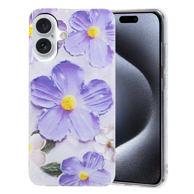 For iPhone 16 Plus Colorful Painting Pattern TPU Phone Case(Purple Flowers) - iPhone 16 Plus Cases by PMC TechLife | Online Shopping South Africa | PMC TechLife | Buy Now Pay Later Mobicred