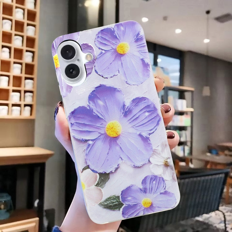 For iPhone 16 Plus Colorful Painting Pattern TPU Phone Case(Purple Flowers) - iPhone 16 Plus Cases by PMC TechLife | Online Shopping South Africa | PMC TechLife | Buy Now Pay Later Mobicred