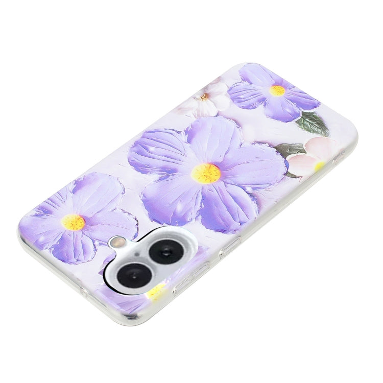 For iPhone 16 Plus Colorful Painting Pattern TPU Phone Case(Purple Flowers) - iPhone 16 Plus Cases by PMC TechLife | Online Shopping South Africa | PMC TechLife | Buy Now Pay Later Mobicred
