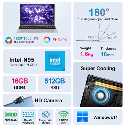 Ninkear N15 Air 15.6 inch Laptop, 16GB+512GB, Windows 11 Intel Celeron N95 Quad Core(EU Plug) - Others by PMC Jewellery | Online Shopping South Africa | PMC Jewellery
