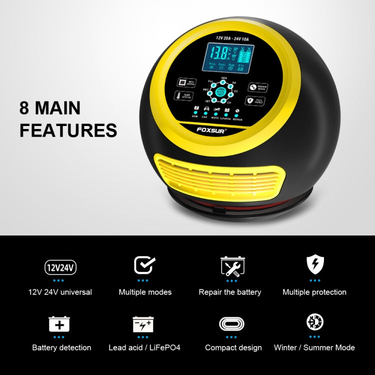 FOXSUR 20A 12V 24V Car / Motorcycle Smart Battery Charger, Plug Type:EU Plug(Yellow) - Battery Charger by FOXSUR | Online Shopping South Africa | PMC Jewellery | Buy Now Pay Later Mobicred