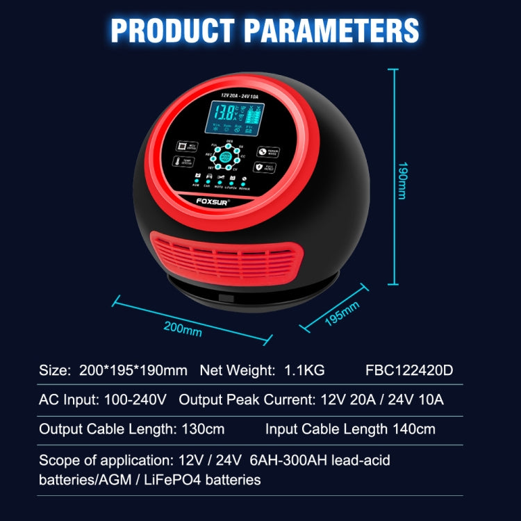 FOXSUR 20A 12V 24V Car / Motorcycle Smart Battery Charger, Plug Type:US Plug(Red) - free shipping - PMC TechLife - Order now!