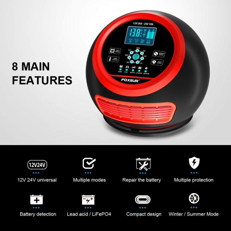 FOXSUR 20A 12V 24V Car / Motorcycle Smart Battery Charger, Plug Type:US Plug(Red) - free shipping - PMC TechLife - Order now!