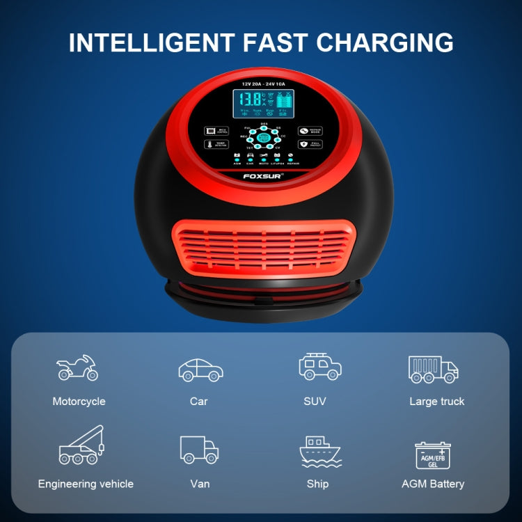FOXSUR 20A 12V 24V Car / Motorcycle Smart Battery Charger, Plug Type:UK Plug(Red) - free shipping - PMC TechLife - Order now!