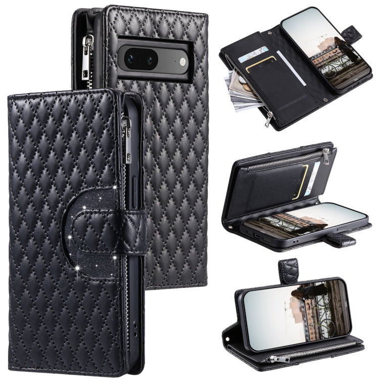 For Google Pixel 7 5G Glitter Lattice Zipper Wallet Leather Phone Case(Black) - Google Cases by PMC TechLife | Online Shopping South Africa | PMC TechLife | Buy Now Pay Later Mobicred