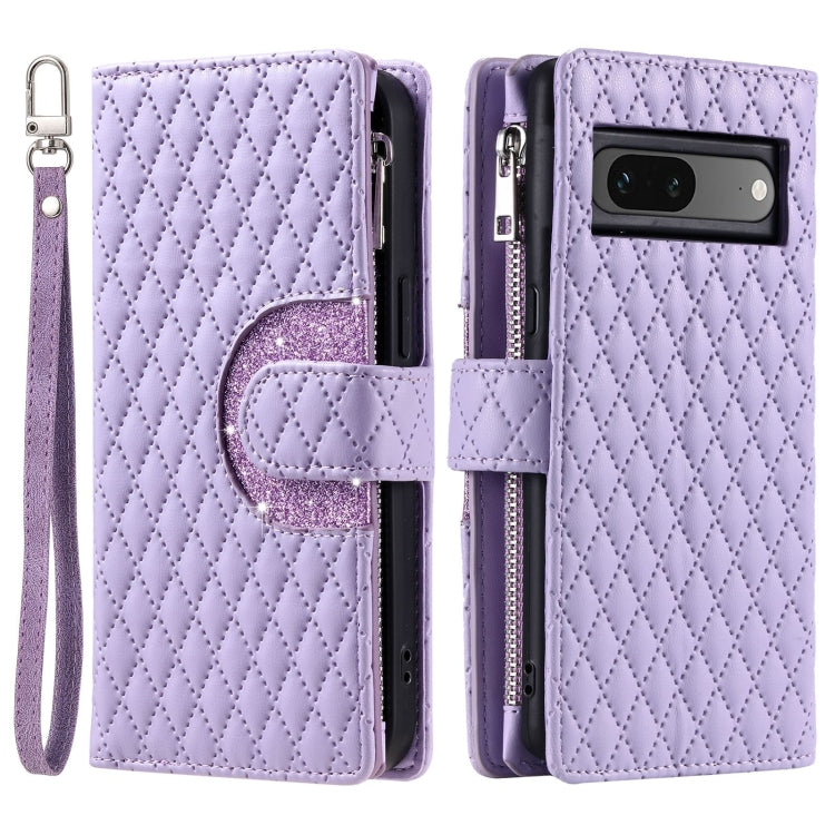 For Google Pixel 7 5G Glitter Lattice Zipper Wallet Leather Phone Case(Purple) - Google Cases by PMC Jewellery | Online Shopping South Africa | PMC Jewellery | Buy Now Pay Later Mobicred