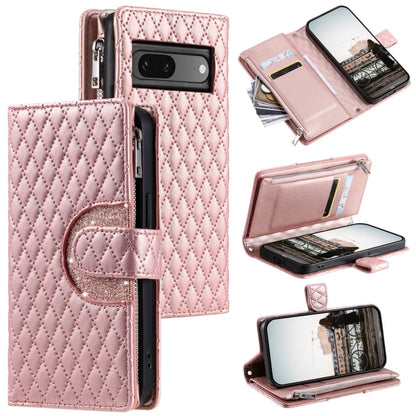 For Google Pixel 7 5G Glitter Lattice Zipper Wallet Leather Phone Case(Rose Gold) - Google Cases by PMC Jewellery | Online Shopping South Africa | PMC Jewellery | Buy Now Pay Later Mobicred