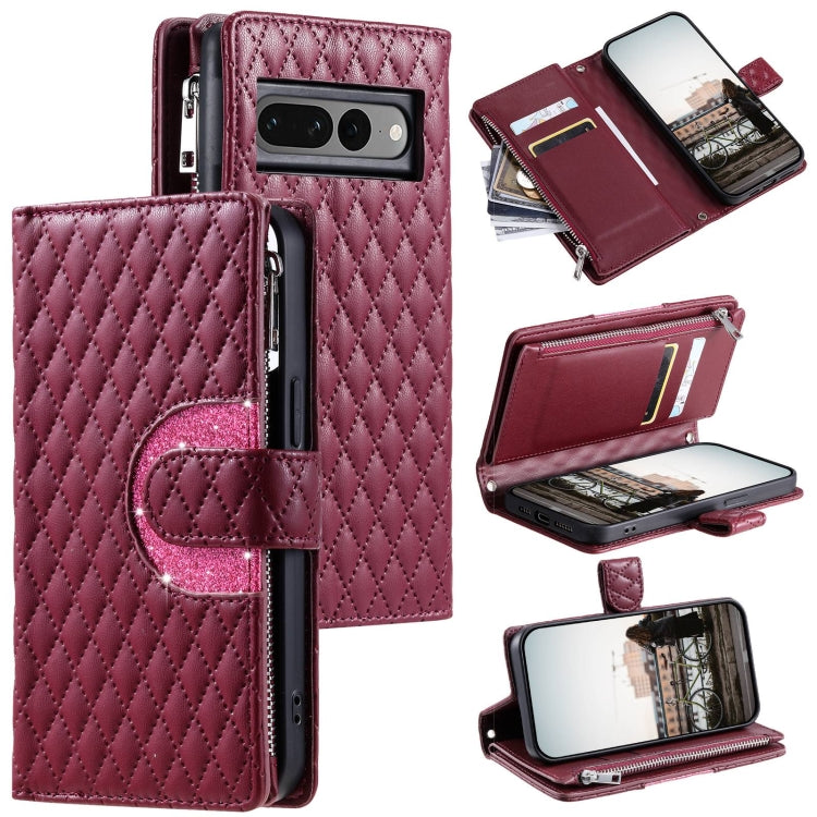 For Google Pixel 7 Pro 5G Glitter Lattice Zipper Wallet Leather Phone Case(Wine Red) - Google Cases by PMC Jewellery | Online Shopping South Africa | PMC Jewellery | Buy Now Pay Later Mobicred