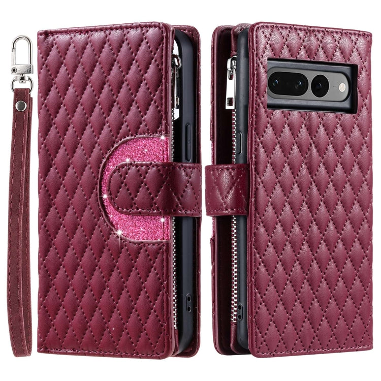 For Google Pixel 7 Pro 5G Glitter Lattice Zipper Wallet Leather Phone Case(Wine Red) - Google Cases by PMC TechLife | Online Shopping South Africa | PMC TechLife | Buy Now Pay Later Mobicred