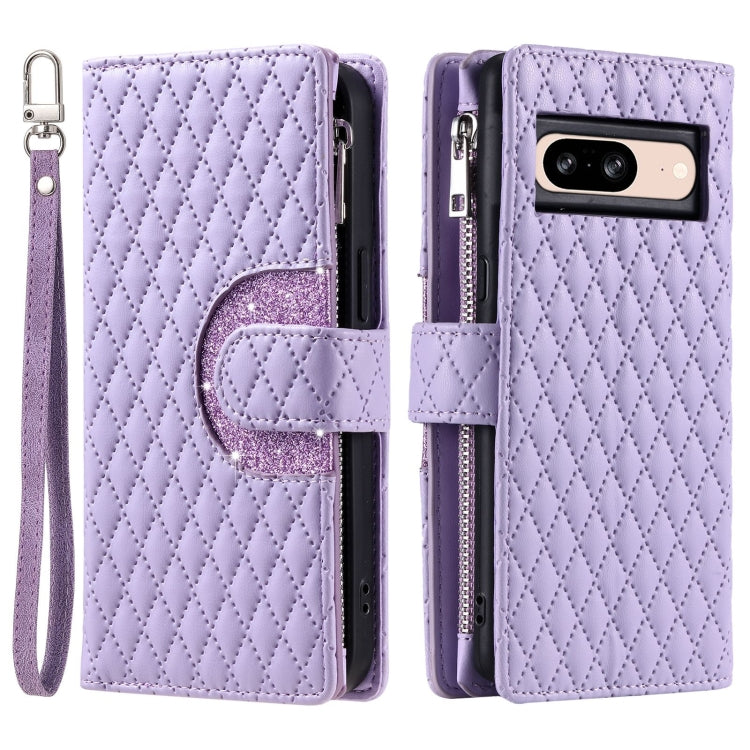 For Google Pixel 8 Glitter Lattice Zipper Wallet Leather Phone Case(Purple) - Google Cases by PMC TechLife | Online Shopping South Africa | PMC TechLife | Buy Now Pay Later Mobicred
