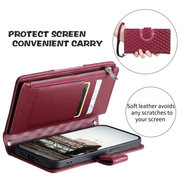 For Google Pixel 8 Glitter Lattice Zipper Wallet Leather Phone Case(Wine Red) - Google Cases by PMC TechLife | Online Shopping South Africa | PMC TechLife | Buy Now Pay Later Mobicred