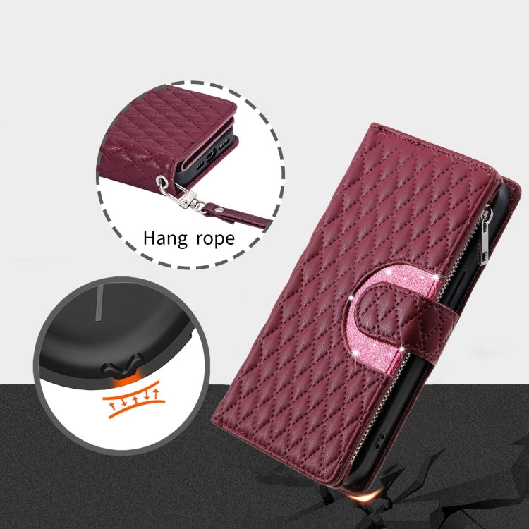 For Google Pixel 8 Glitter Lattice Zipper Wallet Leather Phone Case(Wine Red) - Google Cases by PMC TechLife | Online Shopping South Africa | PMC TechLife | Buy Now Pay Later Mobicred