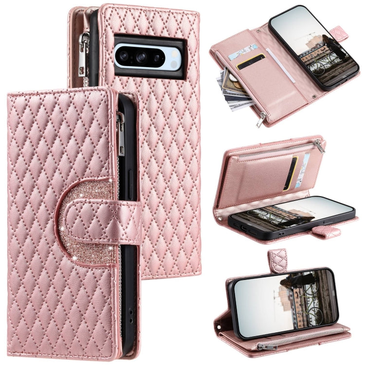 For Google Pixel 8 Pro Glitter Lattice Zipper Wallet Leather Phone Case(Rose Gold) - Google Cases by PMC Jewellery | Online Shopping South Africa | PMC Jewellery | Buy Now Pay Later Mobicred