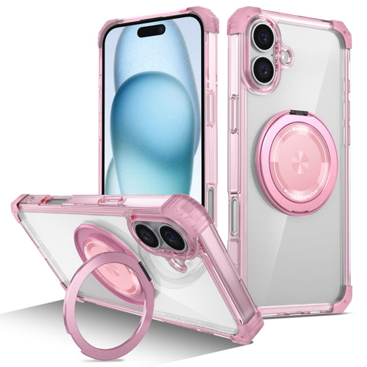 For iPhone 16 Gold Shield CD Pattern MagSafe Magnetic Phone Case with Rotating Stand(Transparent Pink) - iPhone 16 Cases by PMC Jewellery | Online Shopping South Africa | PMC Jewellery | Buy Now Pay Later Mobicred