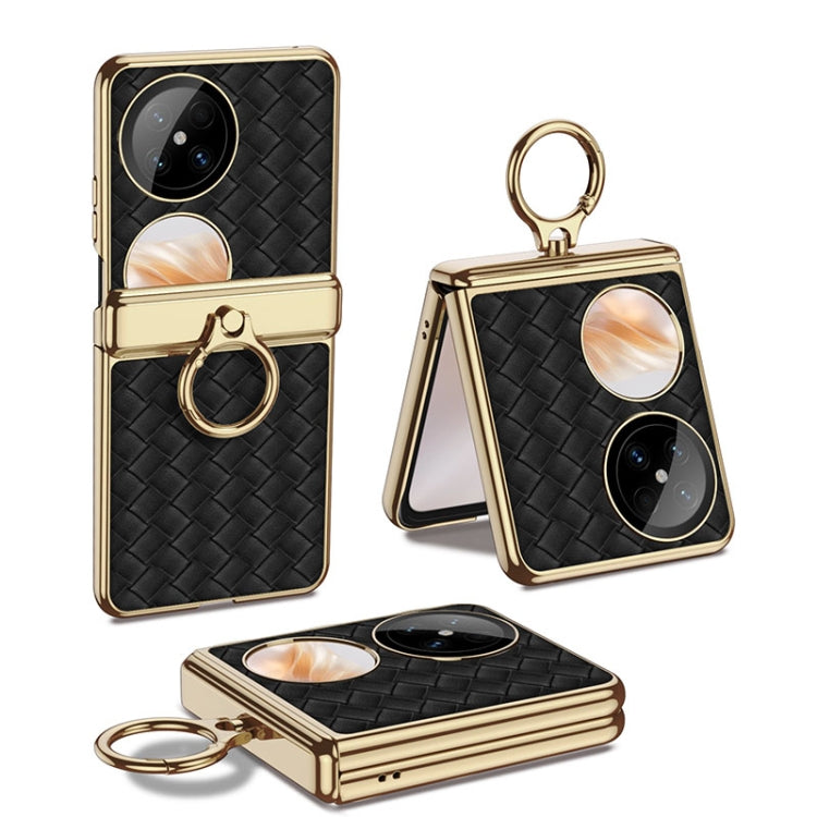 For Huawei Pocket 2 GKK Magnetic Shaft Electroplated Plain Leather Woven Texture Phone Case with Ring(Black) - free shipping - PMC Jewellery - Order now!