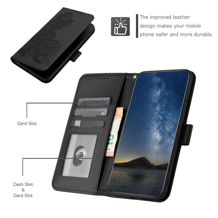 For iPhone 16e Datura Flower Embossed Flip Leather Phone Case(Black) - iPhone 16e Cases by PMC TechLife | Online Shopping South Africa | PMC TechLife | Buy Now Pay Later Mobicred