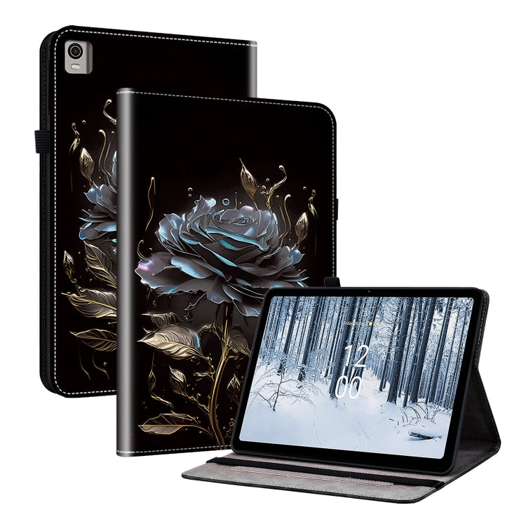 For Nokia T21 Crystal Texture Painted Leather Tablet Case(Black Rose) - Nokia by PMC TechLife | Online Shopping South Africa | PMC TechLife | Buy Now Pay Later Mobicred