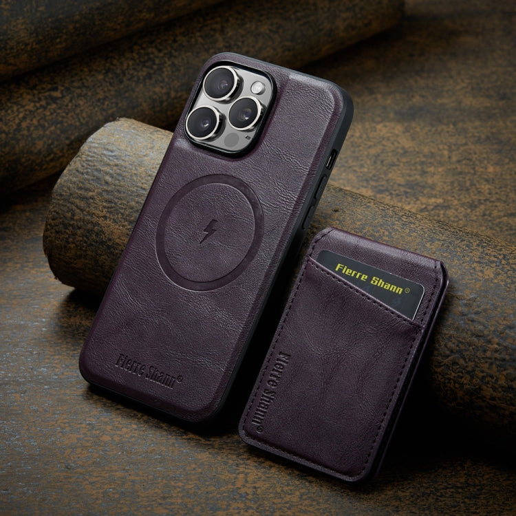 For iPhone 16 Pro Max Fierre Shann Oil Wax Cow Leather Magnetic Card Holder Phone Case(Purple) - iPhone 16 Pro Max Cases by FIERRE SHANN | Online Shopping South Africa | PMC Jewellery | Buy Now Pay Later Mobicred