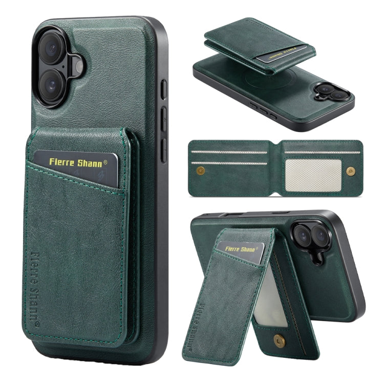 For iPhone 16 Plus Fierre Shann Oil Wax Cow Leather Magnetic Card Holder Phone Case(Green) - iPhone 16 Plus Cases by FIERRE SHANN | Online Shopping South Africa | PMC Jewellery | Buy Now Pay Later Mobicred