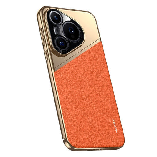 For Huawei Pura 70 Plain Leather Electroplated PC Frame Phone Case(Orange) - Huawei Cases by PMC Jewellery | Online Shopping South Africa | PMC Jewellery | Buy Now Pay Later Mobicred