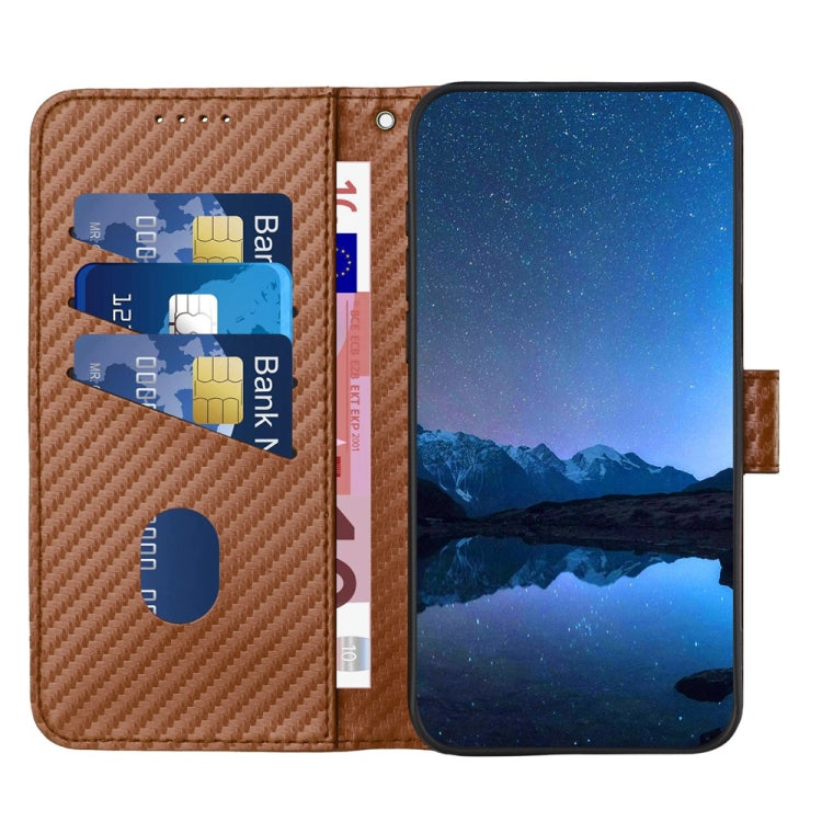 For iPhone 16 YX0070 Carbon Fiber Buckle Leather Phone Case with Lanyard(Coffee) - iPhone 16 Cases by PMC TechLife | Online Shopping South Africa | PMC TechLife | Buy Now Pay Later Mobicred