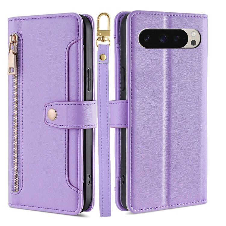 For Google Pixel 9 Sheep Texture Cross-body Zipper Wallet Leather Phone Case(Purple) - Google Cases by PMC TechLife | Online Shopping South Africa | PMC TechLife | Buy Now Pay Later Mobicred