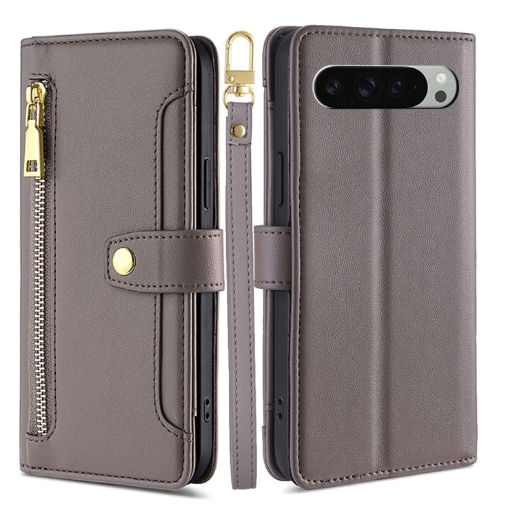For Google Pixel 9 Pro XL Sheep Texture Cross-body Zipper Wallet Leather Phone Case(Grey) - Google Cases by PMC TechLife | Online Shopping South Africa | PMC TechLife | Buy Now Pay Later Mobicred