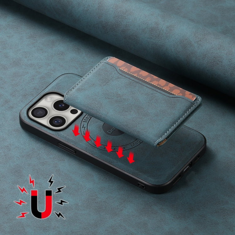 For iPhone 16 Pro Denior D13 Retro Texture Leather MagSafe Card Bag Phone Case(Blue) - iPhone 16 Pro Cases by Denior | Online Shopping South Africa | PMC Jewellery | Buy Now Pay Later Mobicred