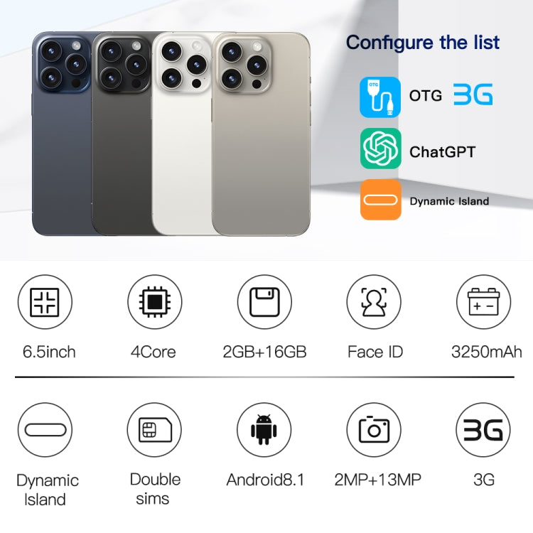 i15 Pro Max / Q5, 2GB+16GB, 6.5 inch Screen, Face Identification, Android 8.1 MTK6580P Quad Core, Network: 3G, Dual SIM(Titanium Blue) - free shipping - PMC TechLife - Order now!