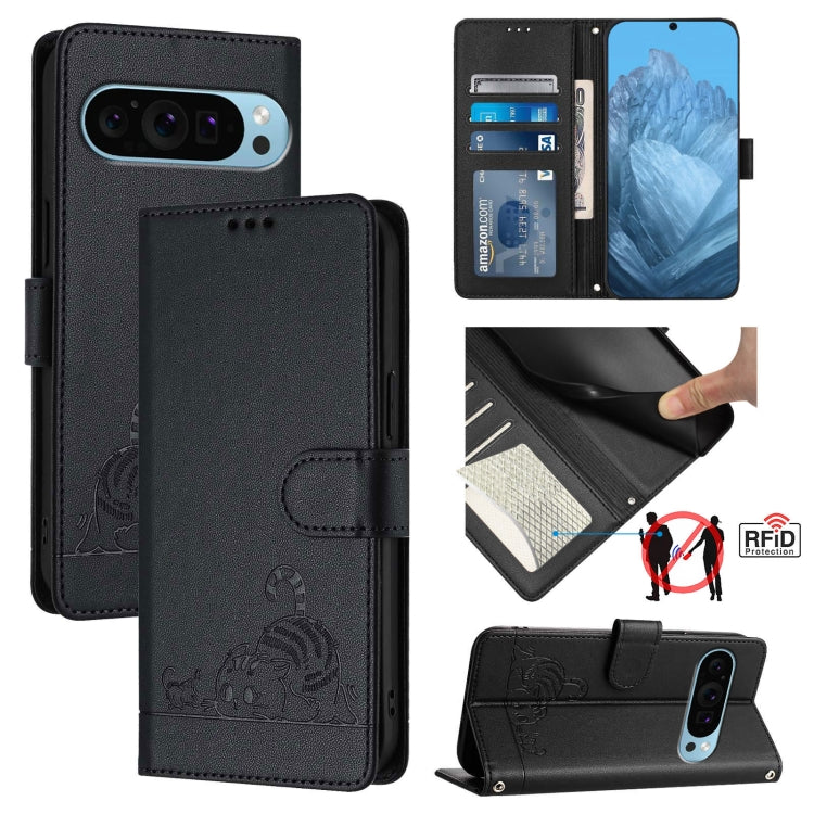 For Google Pixel 9 / 9 Pro Cat Rat Embossed Pattern RFID Leather Phone Case with Lanyard(Black) - Google Cases by PMC TechLife | Online Shopping South Africa | PMC TechLife | Buy Now Pay Later Mobicred