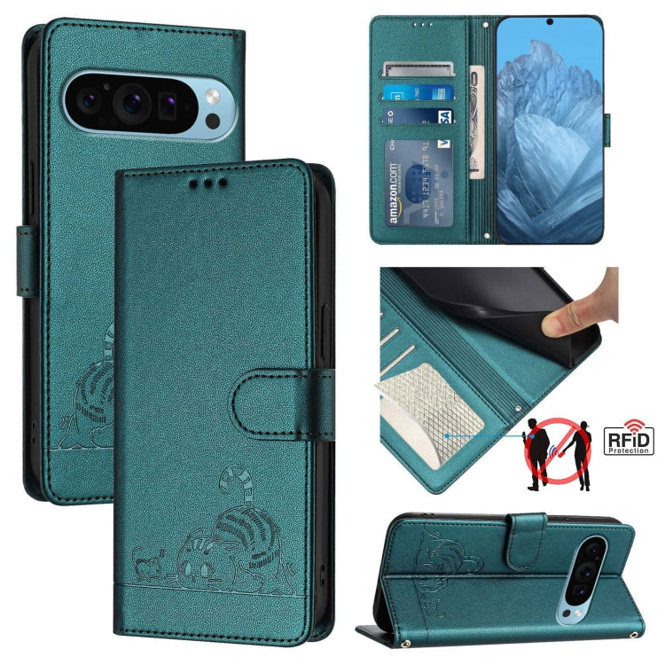 For Google Pixel 9 / 9 Pro Cat Rat Embossed Pattern RFID Leather Phone Case with Lanyard(Peacock Green) - Google Cases by PMC TechLife | Online Shopping South Africa | PMC TechLife | Buy Now Pay Later Mobicred