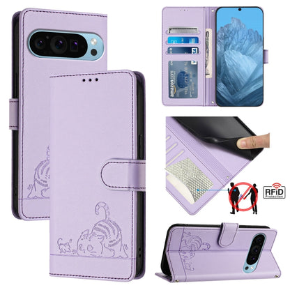 For Google Pixel 9 Pro XL Cat Rat Embossed Pattern RFID Leather Phone Case with Lanyard(Purple) - Google Cases by PMC Jewellery | Online Shopping South Africa | PMC Jewellery | Buy Now Pay Later Mobicred