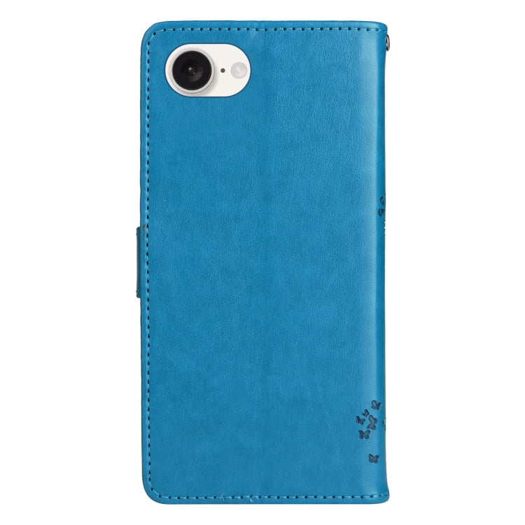 For iPhone 16e Tree & Cat Embossed Pattern Flip Leather Phone Case(Blue) - iPhone 16e Cases by PMC TechLife | Online Shopping South Africa | PMC TechLife | Buy Now Pay Later Mobicred
