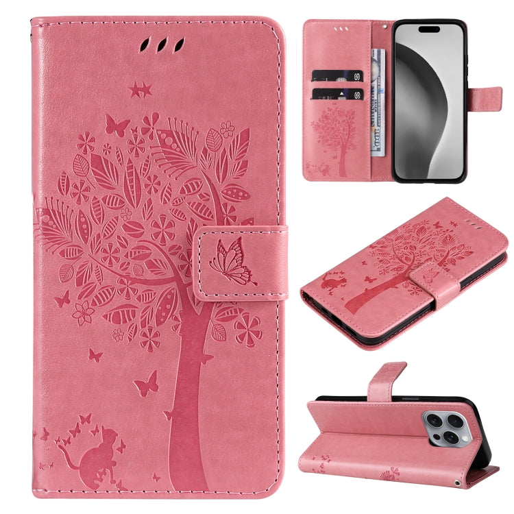 For iPhone 16 Pro Max Tree & Cat Embossed Pattern Flip Leather Phone Case(Pink) - iPhone 16 Pro Max Cases by PMC TechLife | Online Shopping South Africa | PMC TechLife | Buy Now Pay Later Mobicred
