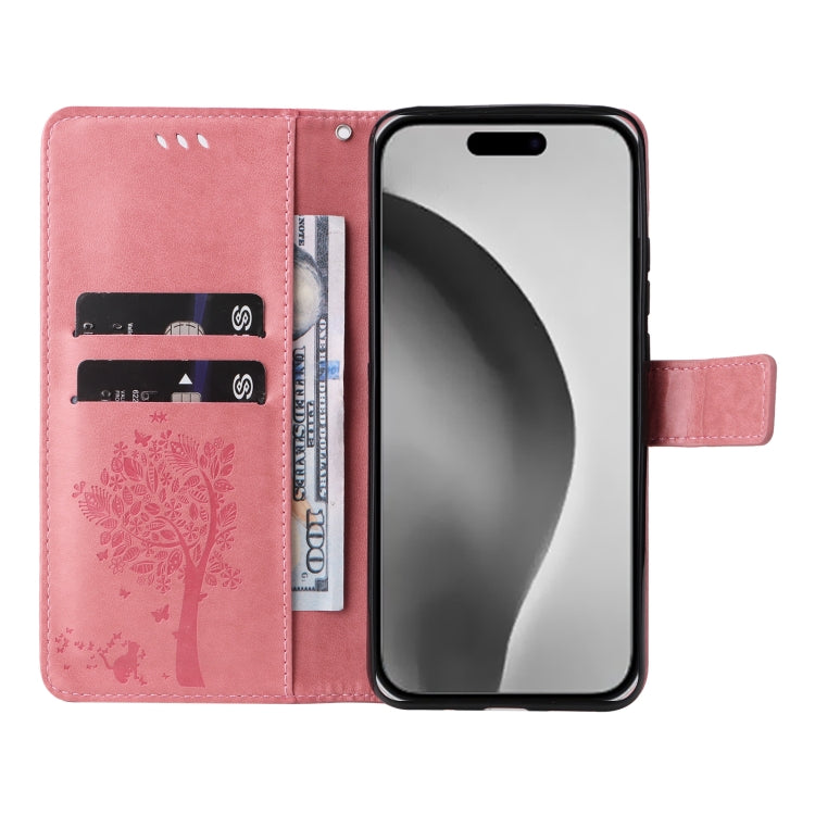 For iPhone 16 Pro Max Tree & Cat Embossed Pattern Flip Leather Phone Case(Pink) - iPhone 16 Pro Max Cases by PMC TechLife | Online Shopping South Africa | PMC TechLife | Buy Now Pay Later Mobicred