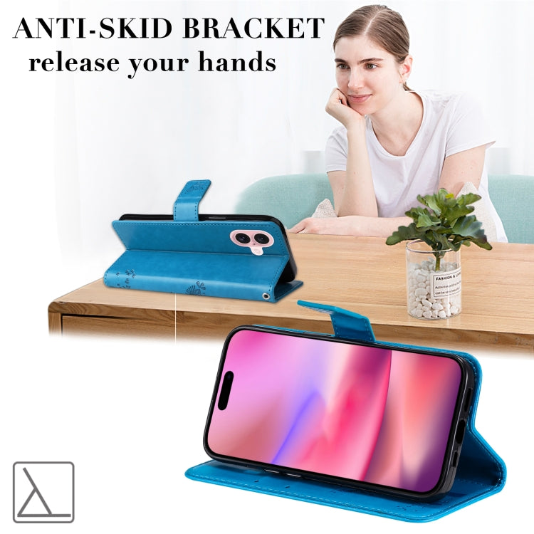 For iPhone 16 Tree & Cat Embossed Pattern Flip Leather Phone Case(Blue) - iPhone 16 Cases by PMC TechLife | Online Shopping South Africa | PMC TechLife | Buy Now Pay Later Mobicred