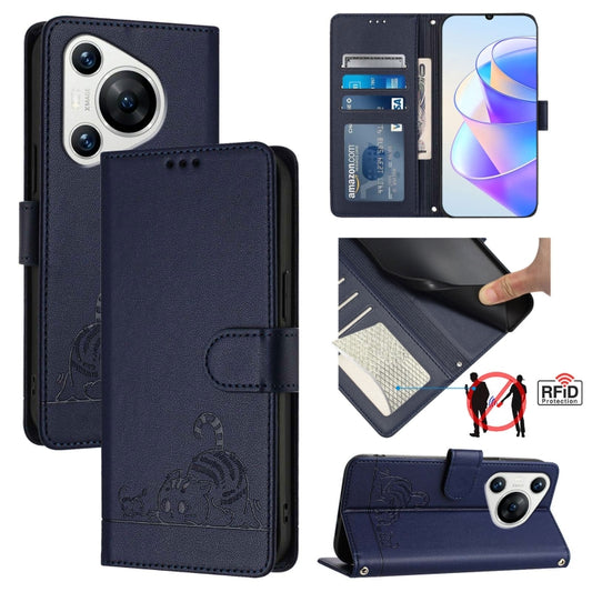 For Huawei Pura 70 Cat Rat Embossed Pattern RFID Leather Phone Case with Lanyard(Blue) - Huawei Cases by PMC Jewellery | Online Shopping South Africa | PMC Jewellery | Buy Now Pay Later Mobicred