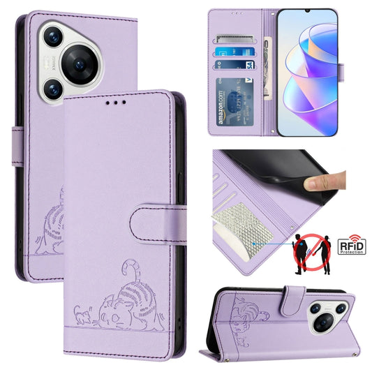 For Huawei Pura 70 Cat Rat Embossed Pattern RFID Leather Phone Case with Lanyard(Purple) - Huawei Cases by PMC Jewellery | Online Shopping South Africa | PMC Jewellery | Buy Now Pay Later Mobicred