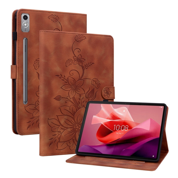 For Lenovo Tab P12 12.7 Lily Embossed Leather Tablet Case(Brown) - Lenovo by PMC TechLife | Online Shopping South Africa | PMC TechLife | Buy Now Pay Later Mobicred