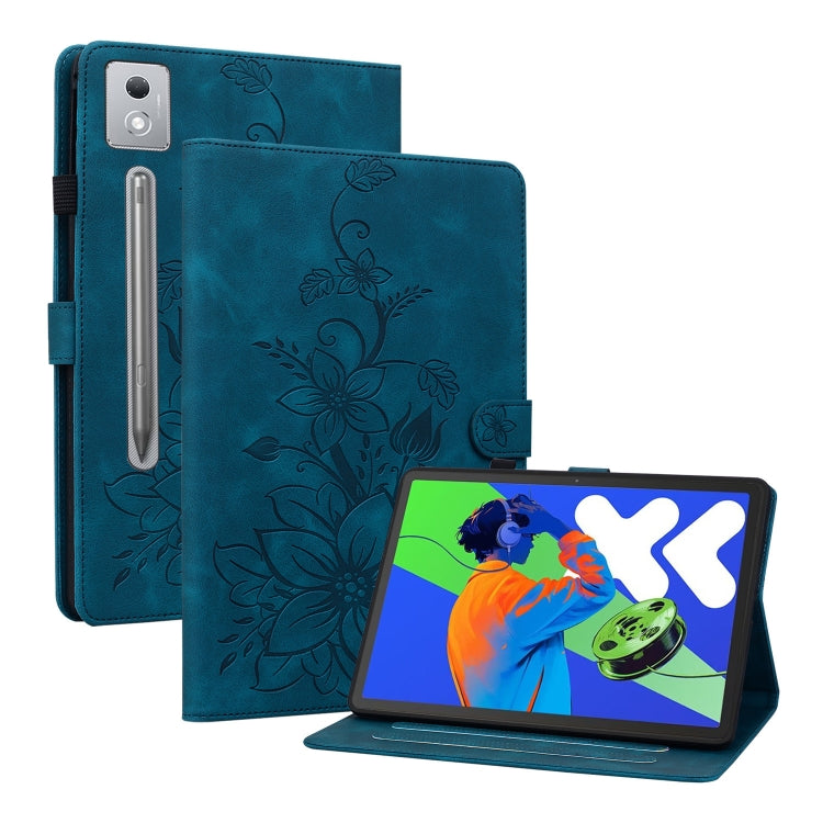 For Lenovo Tab P12 12.7 2025 Lily Embossed Leather Tablet Case(Dark Blue) - Lenovo by PMC TechLife | Online Shopping South Africa | PMC TechLife | Buy Now Pay Later Mobicred