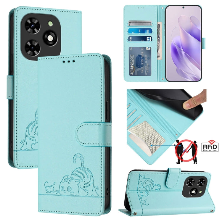 For Tecno Spark GO 2024 Cat Rat Embossed Pattern RFID Leather Phone Case with Lanyard(Mint Green) - Tecno Cases by PMC Jewellery | Online Shopping South Africa | PMC Jewellery | Buy Now Pay Later Mobicred