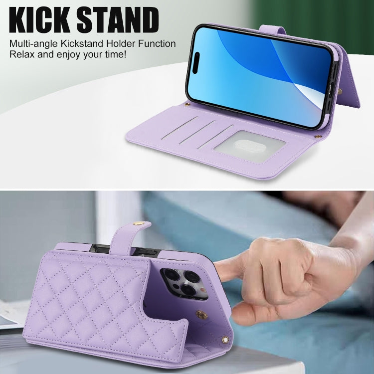 For iPhone 16 Pro Crossbody Multifunction Rhombic Leather Phone Case(Purple) - More iPhone Cases by PMC Jewellery | Online Shopping South Africa | PMC Jewellery | Buy Now Pay Later Mobicred