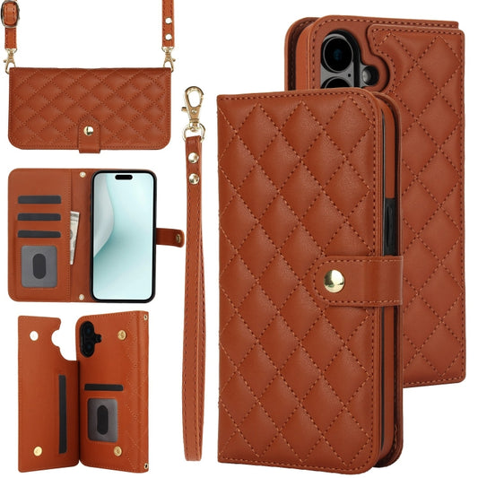 For iPhone 16 Plus Crossbody Multifunction Rhombic Leather Phone Case(Brown) - iPhone 16 Plus Cases by PMC Jewellery | Online Shopping South Africa | PMC Jewellery | Buy Now Pay Later Mobicred