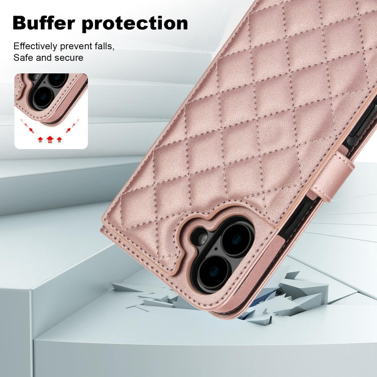 For iPhone 16 Crossbody Multifunction Rhombic Leather Phone Case(Rose Gold) - iPhone 16 Cases by PMC Jewellery | Online Shopping South Africa | PMC Jewellery | Buy Now Pay Later Mobicred