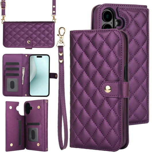 For iPhone 16 Crossbody Multifunction Rhombic Leather Phone Case(Dark Purple) - iPhone 16 Cases by PMC Jewellery | Online Shopping South Africa | PMC Jewellery | Buy Now Pay Later Mobicred