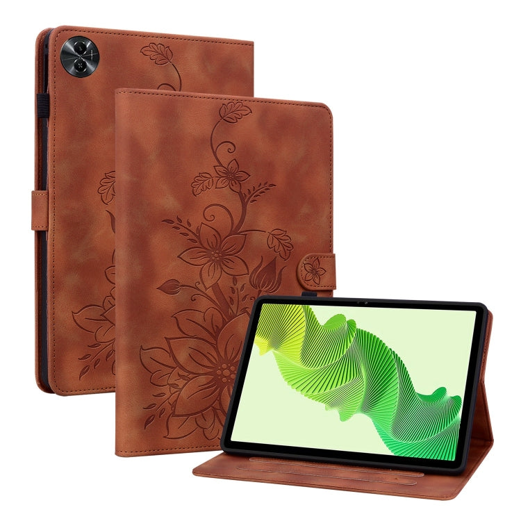 For Realme Pad 2 11.5 Lily Embossed Leather Tablet Case(Brown) - Realme by PMC TechLife | Online Shopping South Africa | PMC TechLife | Buy Now Pay Later Mobicred